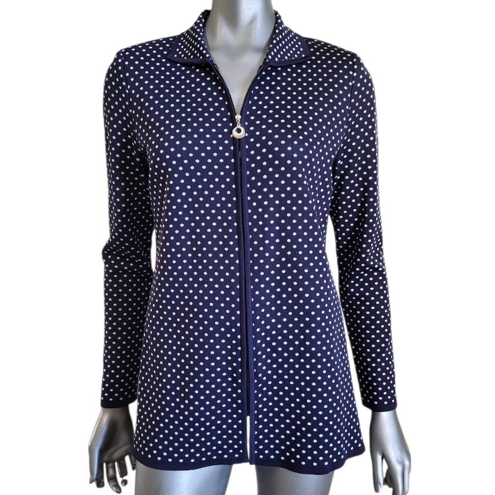 39B. Misook Navy Polka Dot Zippered Jacket - Size Small